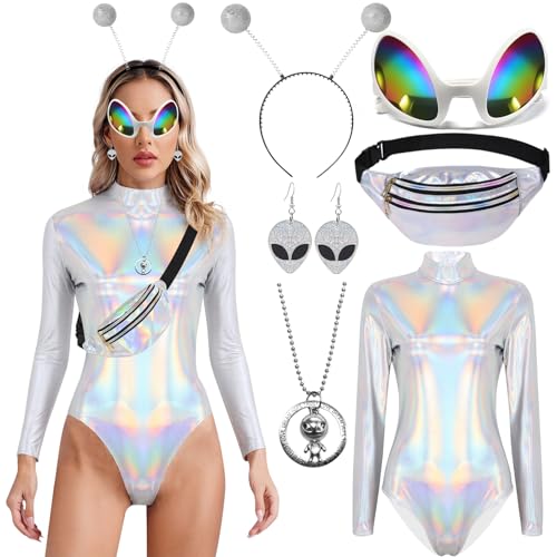 Alien Kostüm Damen Sexy Body Langarm Silber Glitzer Oberteil Set Faschingskostüme Alien Haarreif Brille Bauchtasche Ohrringe Halskette Sexy Karneval...
