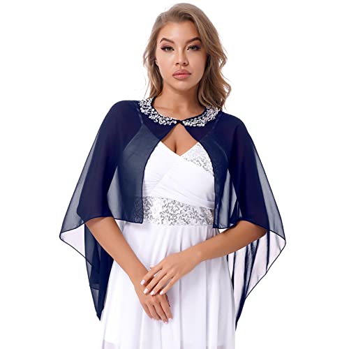 Freebily Femme Boléro Soirée Mariage Strass Asymétrique Châle Boléro de Cérémonie Danse Bal en Mousseline de Soie Écharpe Cardigan Étole Cape Plage Bleu Marine Taille Unique