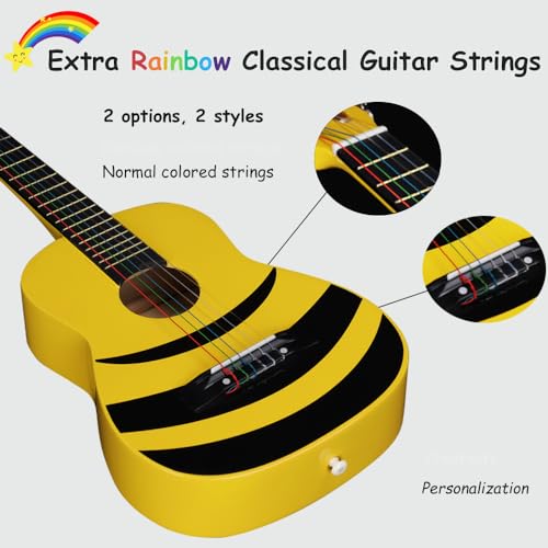 ADM Guitare de concert junior 1/4 pour débutant avec accordeur à clip, étui, sangle, cordes et médiators supplémentaires, abeille jaune - Les Beatles, Paul McCartney, John Lennon, RIngo Starr, George Harrison ADM Guitare de concert junior 1/4 pour débutant avec accordeur à clip, étui, sangle, cordes et médiators supplémentaires, abeille jaune – Image 4