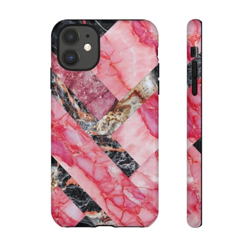 Coque brillante iPhone 11 rigide au design marbre géométrique bicolore rose et noir