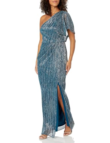 Image of Adrianna Papell Women's Metallic Mesh Gown Special Occasion Dress, Teal Blue, 10