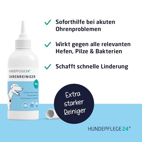 Hundepflege24 Ohrenreiniger für Hunde Akut - Extra-starker Hundeohr Reiniger bei Entzündungen & Infektionen - Natürliche Ohrentropfen für Hunde mit Piroctone Olamine, Kamille & Aloe Vera 250ml