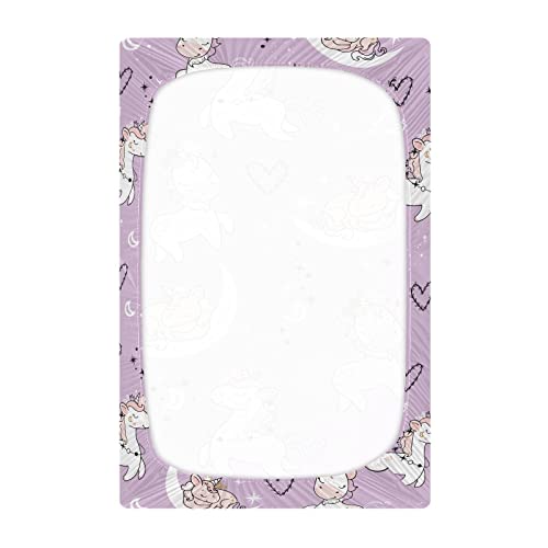 Image of Fitted Crib Sheets Purple Cute Unicorn Stretchy Portable Playard Sheets for Baby Toddler, Breathable Soft Mini Crib Mattress 52 x 28 in for Boys and Girls