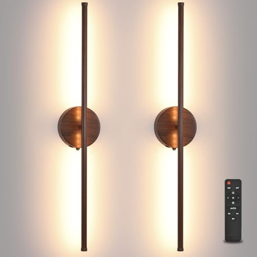 Image of Wall Sconces Battery Operated Set of Two, Faux Walnut Finish Wall Light with Remote Control 350 Rotate, 27.6 Inch Dimmable USB Rechargeable Wall Lamp for Living Room Bedroom Hallway