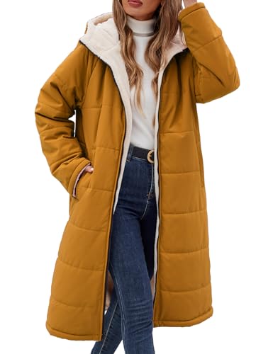 Tuopuda Damen Wintermäntel Lang Winterjacke Warm Winter Fleece Gefüttert Sweatjacke Jacke Mantel Parka Jacket mit Kapuze Teddyfleece Steppjacke Übergangsjacke Winterparka Steppmantel(Rötlich-gelb,XL)