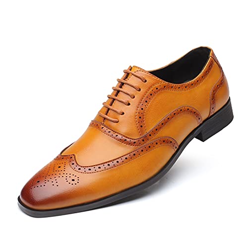 Dress Oxford for Men Lace Up Brogue Embossed Wing tip Burnished Toe PU Leather Rubber Sole Resistant Non Slip Block Heel Business(Yellow,10 M US)