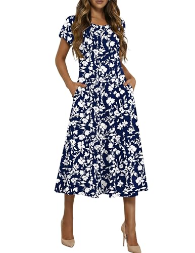 HOTOUCH Casual Summer Dresses for Women Fit and Flare Dress Womens Floral Midi Dress A Line Dresses 2026 Pleated Sundress, Navy Floral 01,L