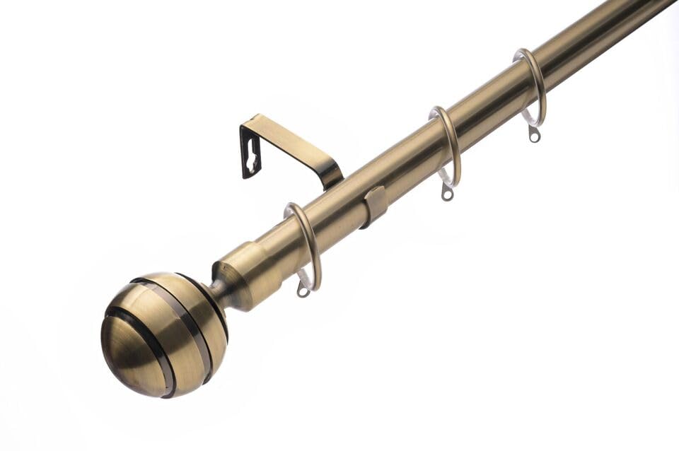 Lister Cartwright 28mm Antique Brass Adjustable Telescopic Extendable Metal Curtain Pole Set Rings with Ribbed Ball Finial Voile Easy fit to Outdoor, Bedroom, Living Room (120-210 cm)