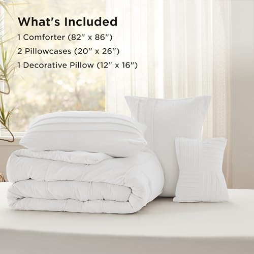 Image of Bedsure Full Comforter Set - 4 Pieces Pinch Pleat Bed Set, White Boho Bedding for All Season, 1 Soft Comforter, 2 Pillowcases, 1 Decorative Pillow