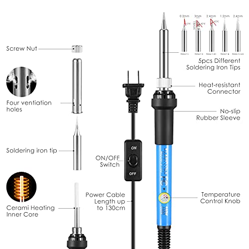 Soldering Iron Kit Electronics, 60W Soldering Welding Iron Tools With On-Off Switch, 5Pcs Soldering Iron Tips, Solder Sucker, Soldering Iron Stand, Tweezers, Solder Wire, Wire Cutter, Pu Carry Bag #TOP1