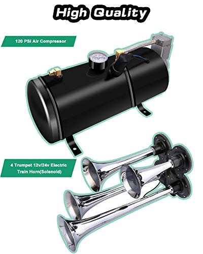 Carfka Air Horn for Truck Boats Car, 150DB Super Loud Train Horns Kit with 120 PSI Air Compressor, 4 Trumpets Horn, Silver, Vans,Tractors,Trains,Camper, RV’s, Off Road Vehicles