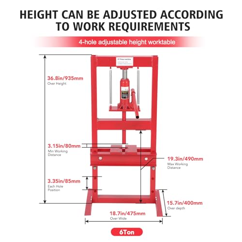 Image of 6-Ton Hydraulic Shop Press with Press Plate, H-Frame Pneumatic Shop Press, Benchtop Hydraulic Shop Press, Adjustable Working Table Height, Red