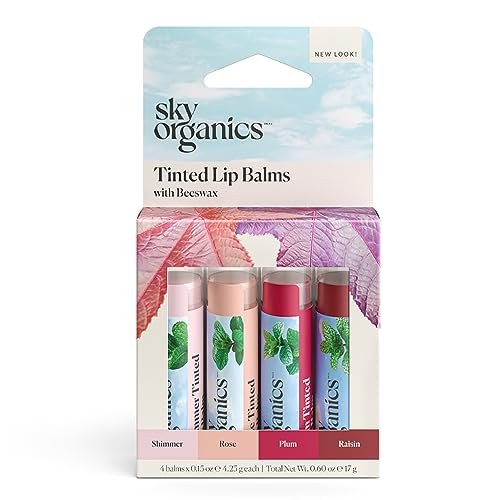 Sky Organics getönter Lippenbalsam für Lippen zur Befeuchtung, Erweichen und Hinzufügen einer Farbwäsche, vier verschiedene Farbtöne, 4 Stück.