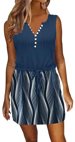 Image of Womens Summer Casual Dresses Drawstring Waist Short Dress with Pockets | Sleeveless Casual Dress,ETCYY Vacation Beach Dress,Striped Sundress,Boho Floral,Mini Dresses,Sexy Sundress,Resort Wear