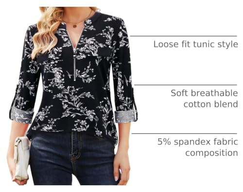 Image of Bulotus 3 /4 Length Sleeve Womens Striped Tops Zipper V Neck Collared Blouses Business Casual Tunics 2026 Spring Trendy