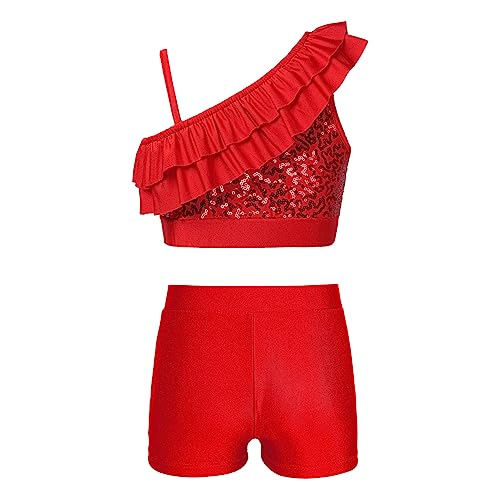 Kids Girls Two Piece Sequins Crop Top with Shorts Set for Gymnastics Dance Leotards Workout Fitness Swim Active2