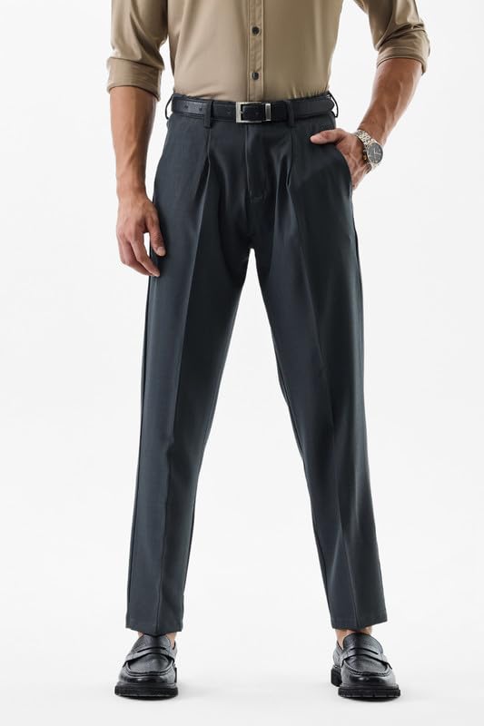 Image of SNITCH Men Formal Trousers | Regular Fit Pleated Front with Turned-Up Hem | Polyester Blend & Medium Stretch Fabric for Office & Winter Wear