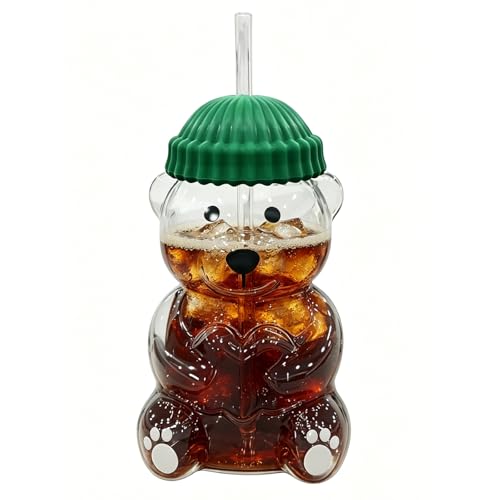 ZHSSTUIEN New Cute Bear Glass Cup with Straw & Lid 20oz High Borosilicate Glass Water Bottle for Cold/Hot Drinks Cute Bear Pattern Mug for Adults Home Office Birthday Gift