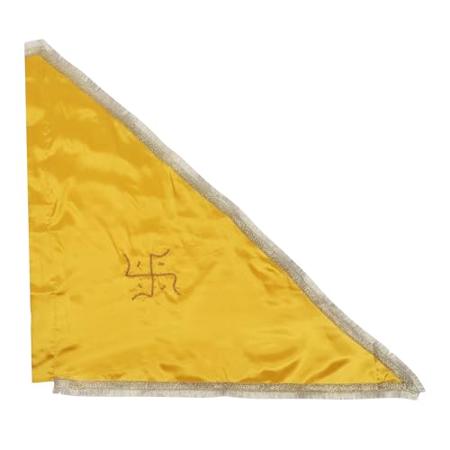 DOKCHAN Handmade Swastik Yellow Satin Silk Triangle Flag with Gota Kiran Golden Border Spiritual Festival Banner Outdoor Decorative Cloth Temple Flag Durable 110cm