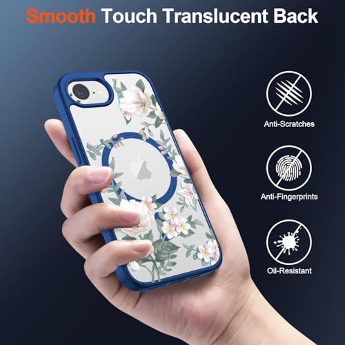 Image of VONZEE Compatible with iPhone 17e / iPhone 16e /SE4, Luxury Retro Flowers Floral Clear for Magnetic Wireless Charging Case Shockproof PC+TPU Cute Glossy Shiny Cover for Girls Women, Navy Blue