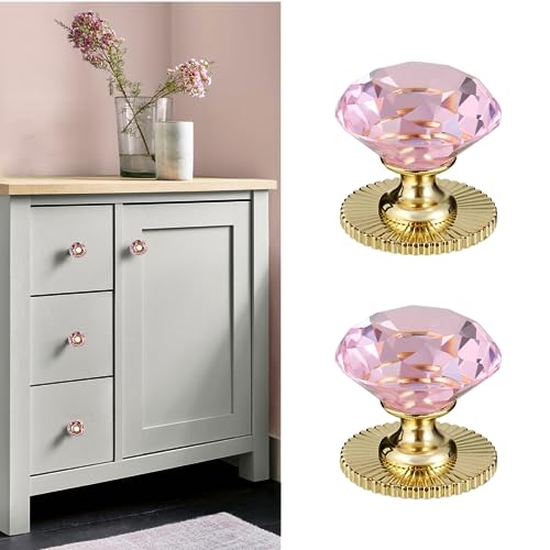 Elistonie Selbstklebende Kristallknäufe für Spiegelschrank, selbstklebender Griff für Kommode, Schublade, Schrank, 40 mm, Kristallknäufe in Diamantform, Glasknäufe (2 Stück, Rosa und Gold)