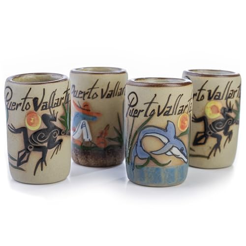MEXTEQUIL - Tequila Shot Glasses - Set of 4 Mexican Shot Glasses - 2 Oz - Ceramic - Mexican Beach Collection- Handcrafted Hand-painted (Puerto Vallarta)