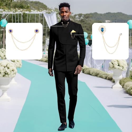 Men's 2 Pieces Suit Elegant Solid Gold Chain Slim Fit Party Blazer Pants Set African Clothes3