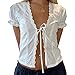 Tie Front Top for Women Coquette Lace Trim Babydoll Shirt Summer Going Out Top Y2k Short Sleeve Open Front Blouse (White, M)
