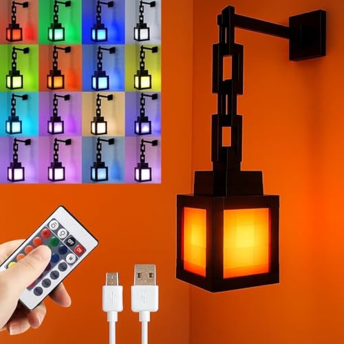 Pixel Lantern Night Light - 16 Colors Changing Hanging Lamp - USB Rechargeable LED Lights with Touch & Remote Control - Table & Wall Mount Mood Nightlight - Decor for Bedroom Gamer Room - Gift for Boy