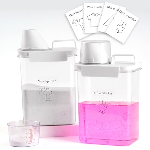 Vividron 2er-Pack Waschmittel Aufbewahrung, Aufbewahrungsbox für die Organisation des Waschraums mit 4 abnehmbaren Etiketten – Flüssigwaschmittelspender, Weichspülerbehälter (2, 1800ml)