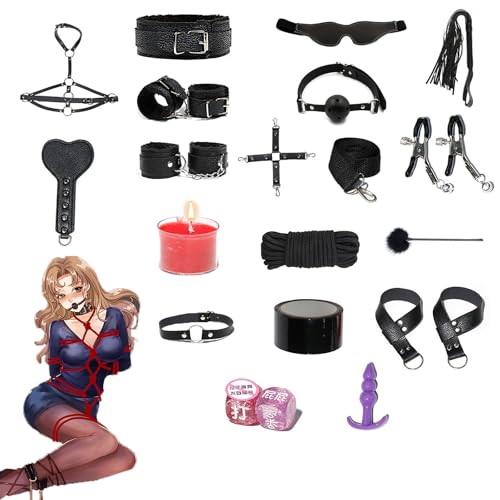 Quintrost 18 Stück BDSM Sex Bondage Set, SM Bondage Fesseln Kit für Anfänger Extrem Sex Set, Sex Spielzeug mit Handschellen Augenbinden Nippelklemmen für Paare (Schwarz)