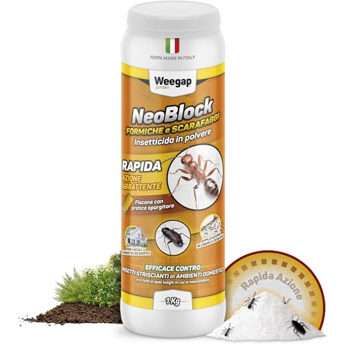 Insetticida Formiche Scarafaggi Blatte Elimina Nido, Formicaio e Insetti, Veleno in Polvere, Potente Esca Antiformiche per Interno Casa ed Esterno, Giardino, Prato, Orto con Spargitore - NeoBlock 1kg