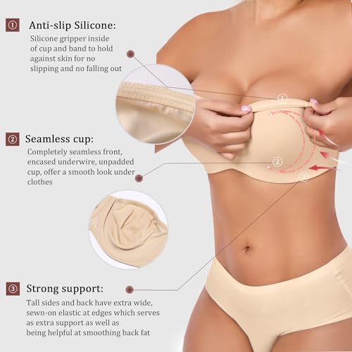 DotVol Women's Seamless Bandeau Unlined Underwire Minimizer Strapless Bra for Large Bust3