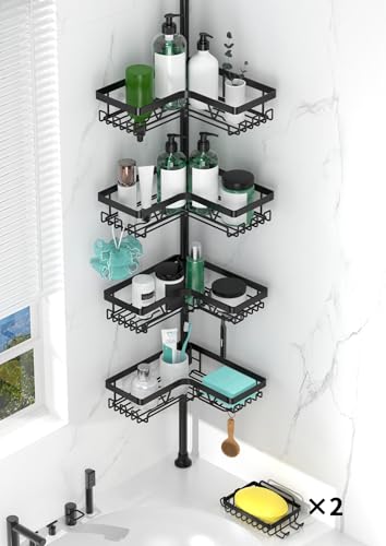 DAOYA Tension Pole Shower Caddy Corner with 2 Soap Holders, 4 Tier Bathroom Shower Organizer Floor to Ceiling 25-114 inch, Adjustable, Multiple Hooks, Stable Base, Rustproof, Black