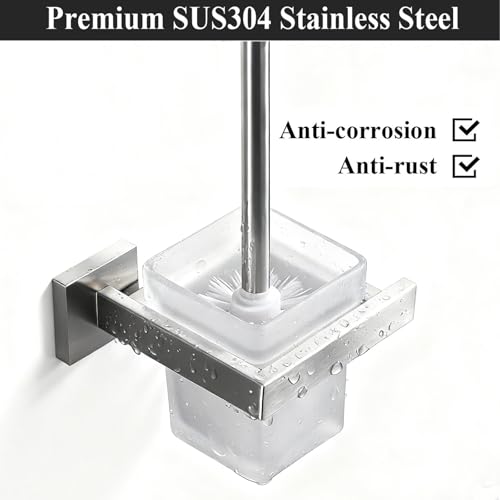 Image of Toilet Brush and Holder Set, NEWRAIN 304 Stainless Steel Wall Mounted Toilet Brush with Long Brush Handle, Brushed Nickel Toilet Scrubber, Glass Canister