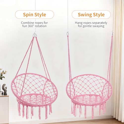 Image of Garpans Hammock Chair Swing Set of 2 Bohemian Style Macrame Hammock with Tassels Hanging Swing Chair Handmade Knitted Cotton Rope for Indoor Outdoor Bedroom Patio Max 330 LBS Pink
