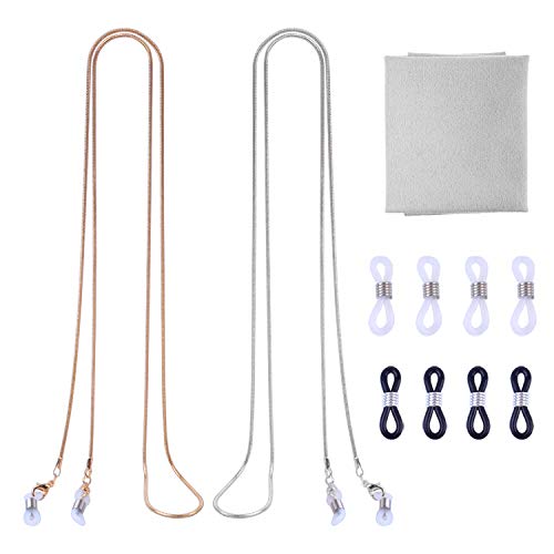 Image of 2PCS Anti-slip Copper Sunglasses Cords Snake Chain Style Spectacle Eyeglass Sunglasses Chain Holder Straps Neck String Glasses Chain with rubber ends, Gold and Silver