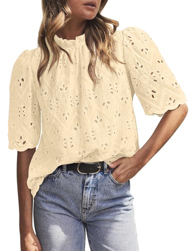 BETTE BOUTIK Womens Lace Tops 2025 Trendy Long Short Sleeve Eyelet Embroidered Dressy Casual Blouse Shirts