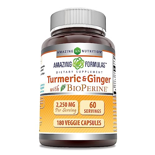 Amazing Formulas Turmeric Curcumin & Ginger with BioPerine 2250 mg Per Serving Veggie Capsules | Non-GMO | Gluten Free | Made in USA | Ideal for Vegetarians (180 Count)