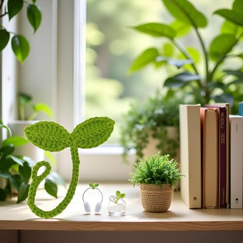Green Crochet Leaf Sprout, Lucky Handmade Knitted Sprout Headphone Accessories, Leaf Headset Attachment, Multi-Functional Cute Cable Tie Crocheted Knitting Plant Bookmark Gift for Book Lovers