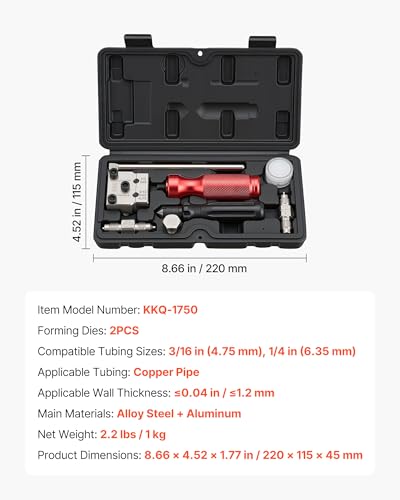 Image of VEVOR Brake Line Flaring Tool Kit, 45 Single & Double Flare Tool for 3 /16 inch, 1 /4 inch Copper Tubing - with 2 Forming Dies, Deburring Tool & Toolbox for Automotive Brake Hydraulic Line Repair