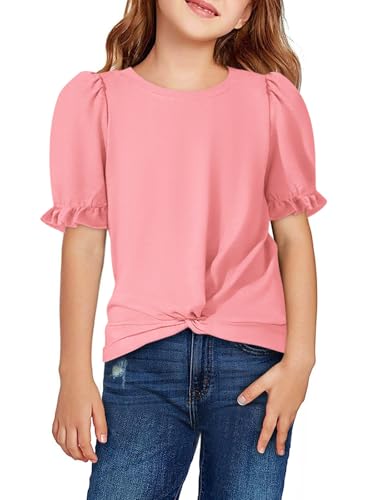 Yousify Girls Shirts Summer Cute Short Sleeve Basic Tops Twist Front Casual Ruffle Plain Round Neck Tee Shirt Tunic