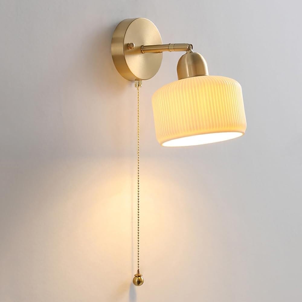 CWCQGH Japanese Style Brass Wall Lamp Modern Striped Ceramic Wall Sconce Adjustable Bedside Wall Light Strip with Pull Chain Switch, Wabi Sabi Rotatable Drum White Ceramic Wall Mounted Lamp, E27