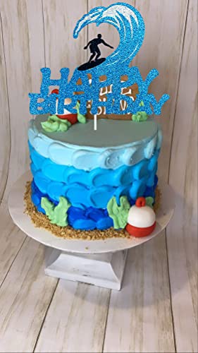Hakpuotr Surfing Happy Birthday Cake Topper, Glitter Blue Surfing Birthday Cake Topper For Summer Hawaii Beach Surfing Themed Party Decorations #TOP6