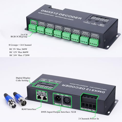 JOYLIT 24 Kanal RGB DMX LED Decoder mit Digitalanzeige, DC 5V-24V 3A/CH 72A DMX512 Decoder RGB Controller, 24CH PWM DMX512 Dimmertreiber für Mehrfarbig Licht Streifen