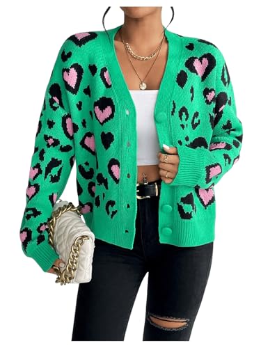 Image of MakeMeChic Women's Leopard Cardigan Sweaters V Neck Button Down Long Sleeve Y2K Cardigan