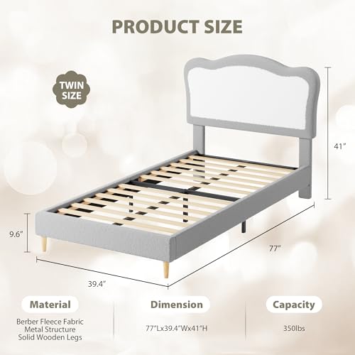 GarveeHome Upholstered Twin Bed Frame for Kids with Scallop Headboard, Cute Velvet Twin Bed for Girls, Boys, Sturdy Platform Bed, No Box Spring Needed, Wooden Slats, Noise Free, Grey White