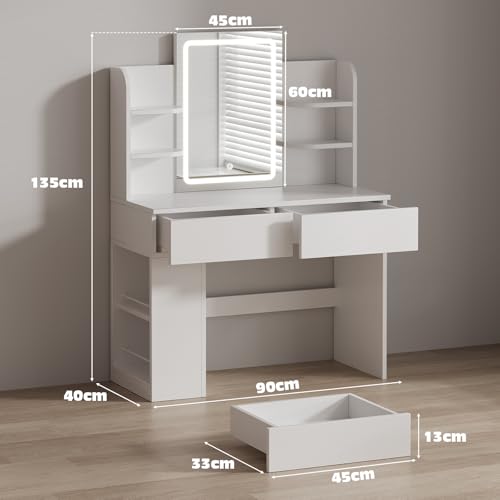 Mesa de maquillaje con espejo LED JUMMICO para organizar cosméticos en el dormitorio blanco 8