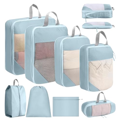 SYEXDZON Bolsas Compresion Viaje para Maleta, 8 Piezas Expandible Viajes Packing Cubes para Mochila, Ultra ligero bolsas viaje organizador para Equipaje de Mano (Azul)
