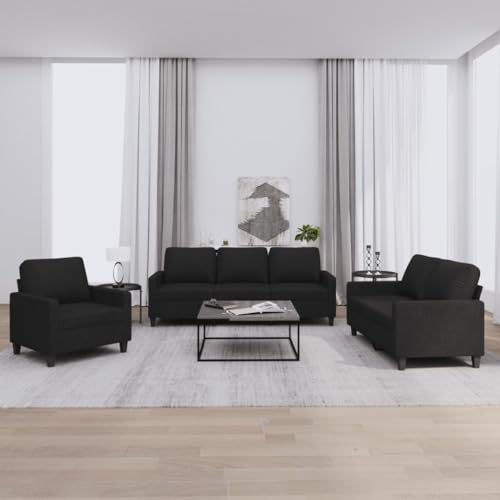 vidaXL Sofagarnitur 3-TLG., Sessel Couch mit Kissen, Sofa Wohnzimmersofa mit Armlehnen, Couchgarnitur Designsofa Sitzmöbel Polstermöbel, Schwarz Stoff – Bild 3